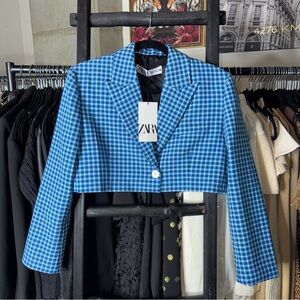 ZARA Blue Houndstooth Cropped Blazer Jacket with Structured Fit Preppy Chic